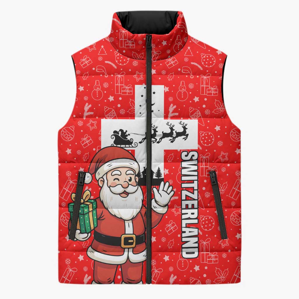 Switzerland Christmas Sleeveless Puffer Jacket with Santa Sleigh Silhouette and Red Holiday Icon - Wonder Print Shop