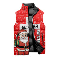 Switzerland Christmas Sleeveless Puffer Jacket with Santa Sleigh Silhouette and Red Holiday Icon - Wonder Print Shop
