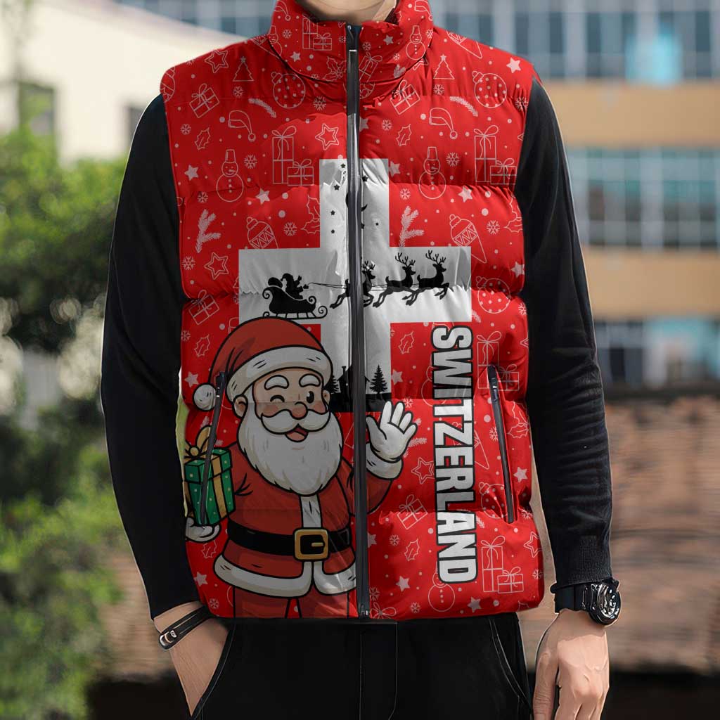 Switzerland Christmas Sleeveless Puffer Jacket with Santa Sleigh Silhouette and Red Holiday Icon - Wonder Print Shop