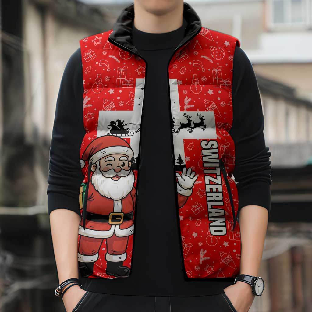 Switzerland Christmas Sleeveless Puffer Jacket with Santa Sleigh Silhouette and Red Holiday Icon - Wonder Print Shop