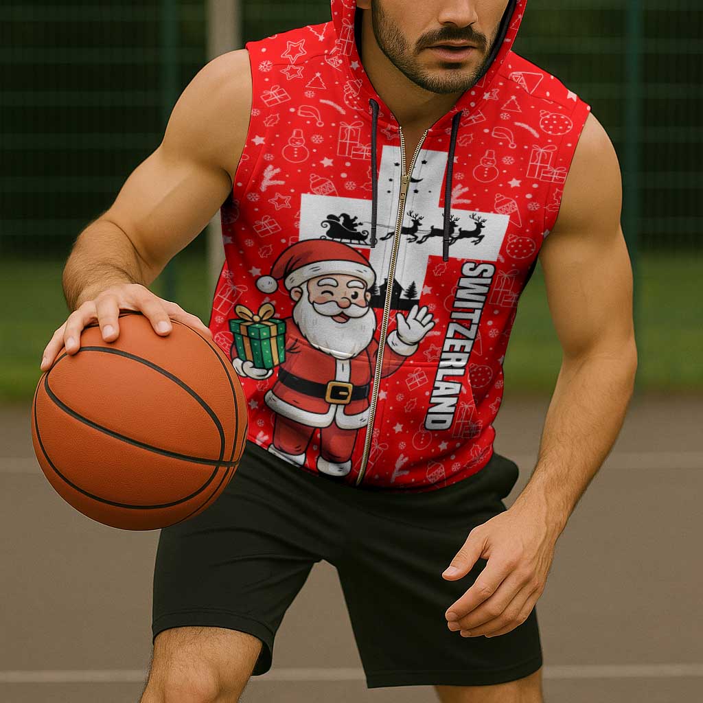 Switzerland Christmas Sleeveless Zip Hoodie with Santa Sleigh Silhouette and Red Holiday Icon - Wonder Print Shop