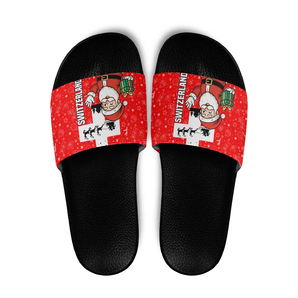 Switzerland Christmas Slide Sandals with Santa Sleigh Silhouette and Red Holiday Icon - Wonder Print Shop