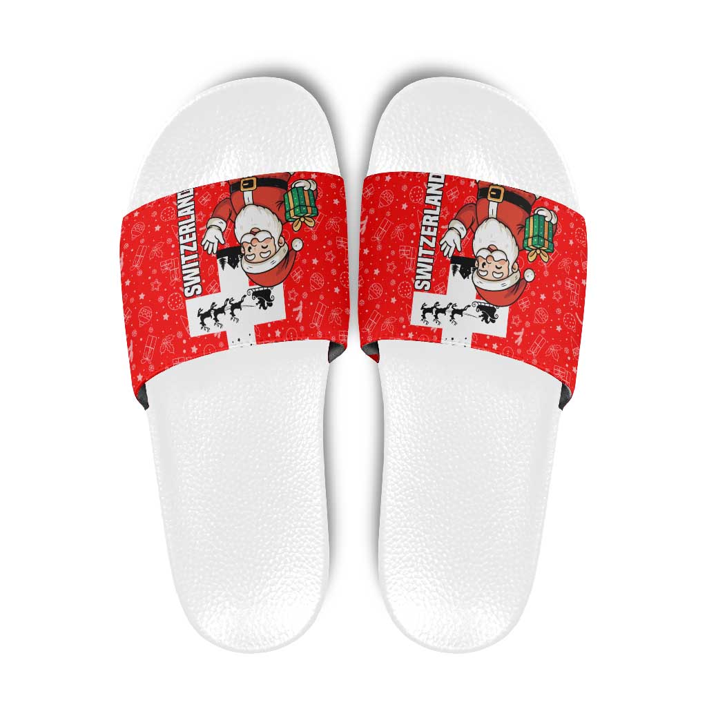 Switzerland Christmas Slide Sandals with Santa Sleigh Silhouette and Red Holiday Icon - Wonder Print Shop