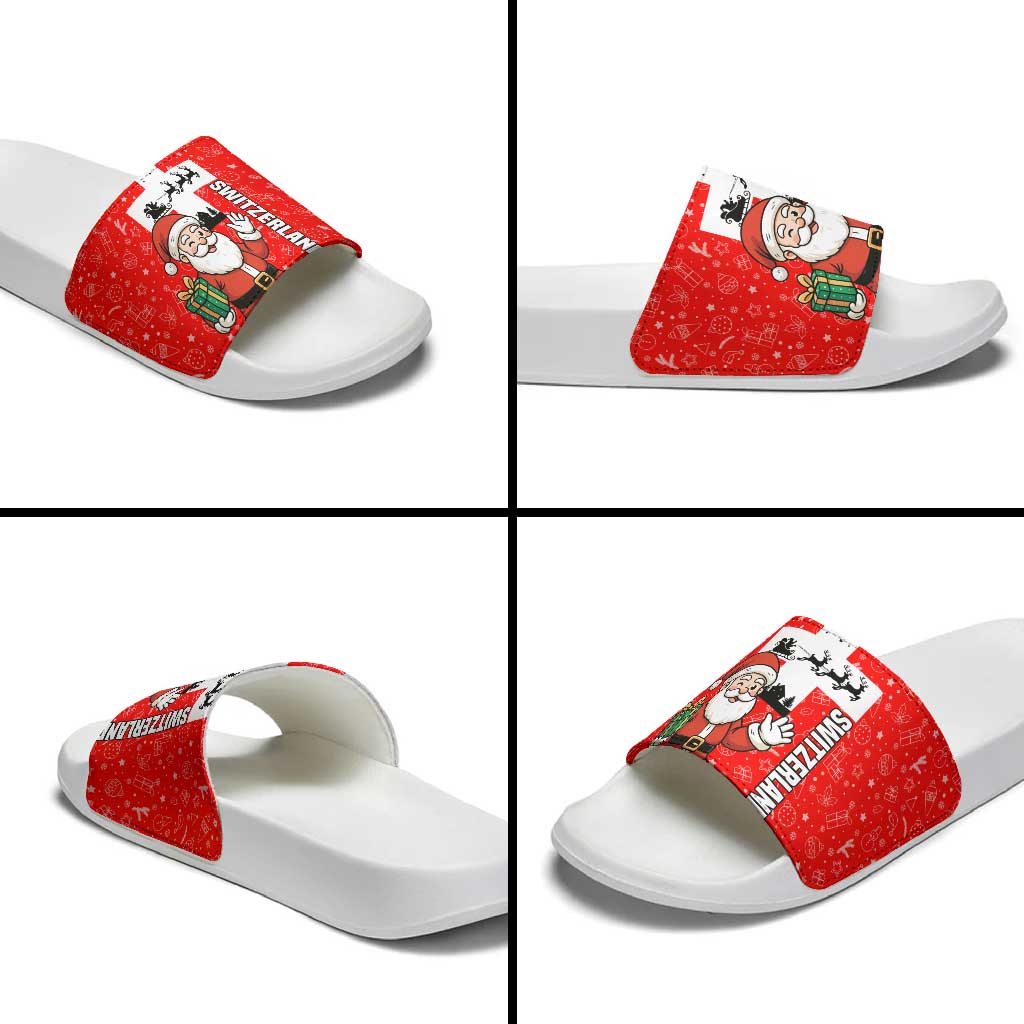 Switzerland Christmas Slide Sandals with Santa Sleigh Silhouette and Red Holiday Icon - Wonder Print Shop