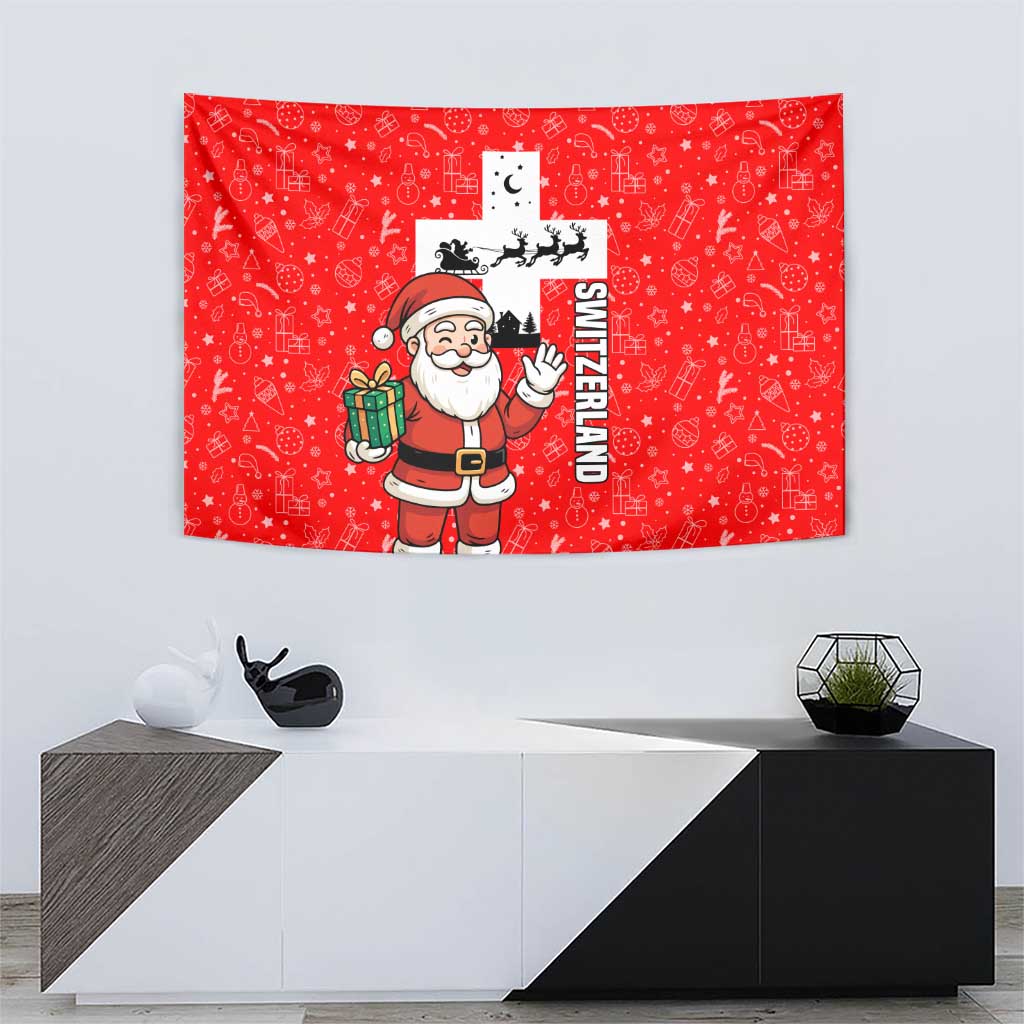 Switzerland Christmas Tapestry with Santa Sleigh Silhouette and Red Holiday Icon - Wonder Print Shop