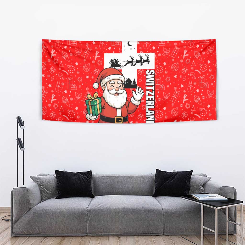 Switzerland Christmas Tapestry with Santa Sleigh Silhouette and Red Holiday Icon - Wonder Print Shop