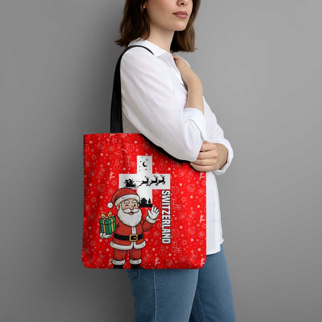 Switzerland Christmas Tote Bag with Santa Sleigh Silhouette and Red Holiday Icon - Wonder Print Shop