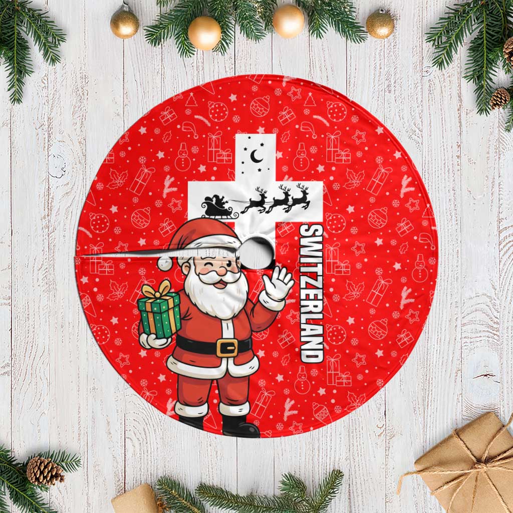 Switzerland Christmas Tree Skirt with Santa Sleigh Silhouette and Red Holiday Icon - Wonder Print Shop