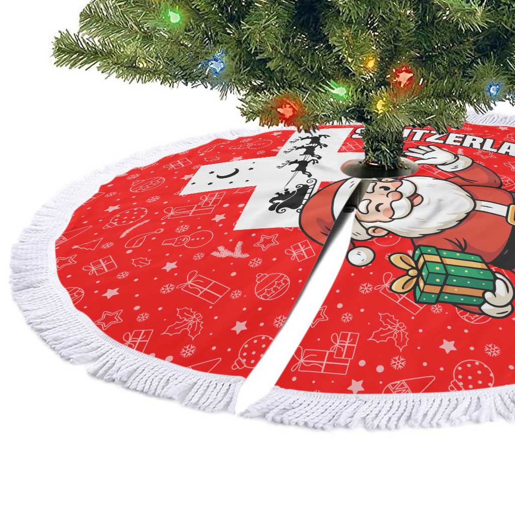 Switzerland Christmas Tree Skirt with Santa Sleigh Silhouette and Red Holiday Icon - Wonder Print Shop