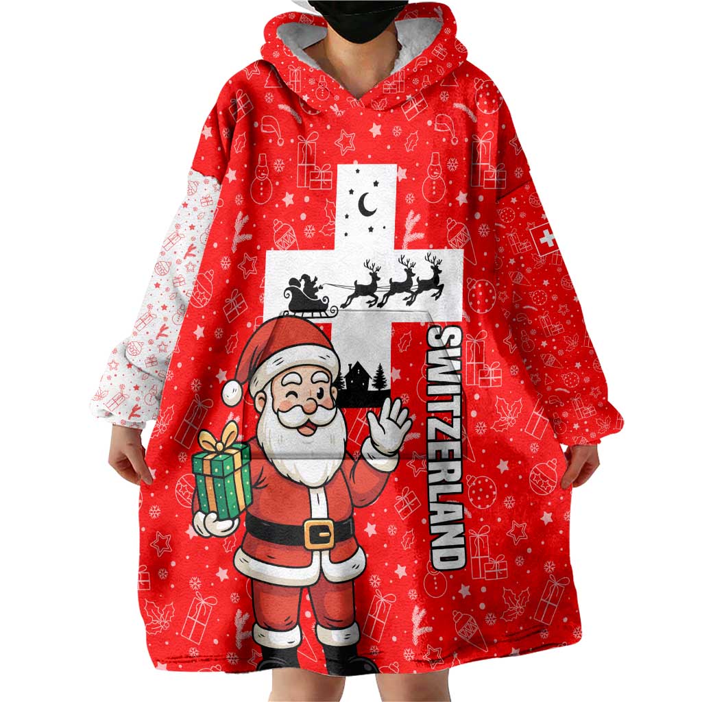 Switzerland Christmas Wearable Blanket Hoodie with Santa Sleigh Silhouette and Red Holiday Icon - Wonder Print Shop