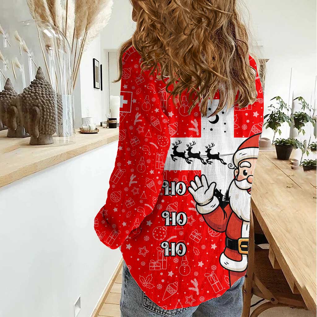 Switzerland Christmas Women Casual Shirt with Santa Sleigh Silhouette and Red Holiday Icon - Wonder Print Shop