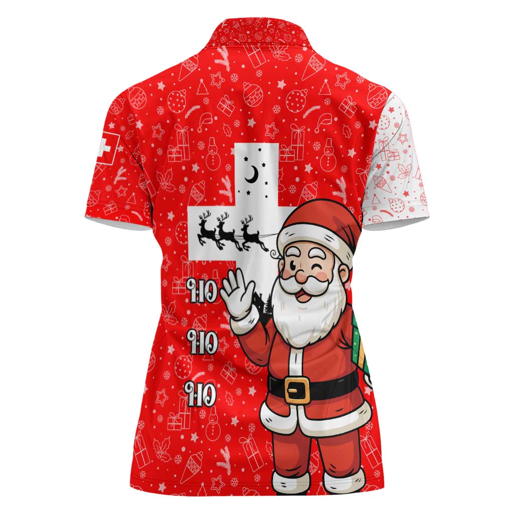 Switzerland Christmas Women Polo Shirt with Santa Sleigh Silhouette and Red Holiday Icon - Wonder Print Shop