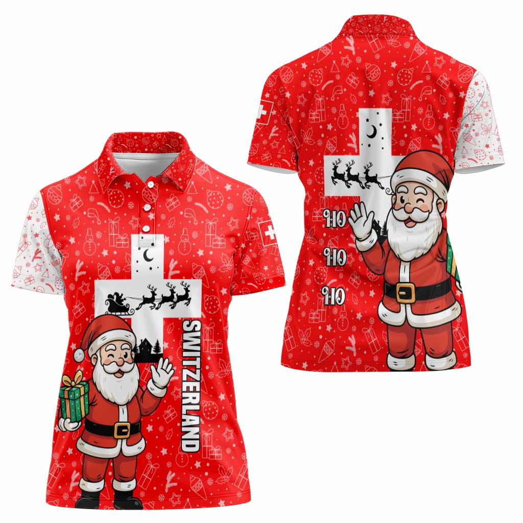 Switzerland Christmas Women Polo Shirt with Santa Sleigh Silhouette and Red Holiday Icon - Wonder Print Shop