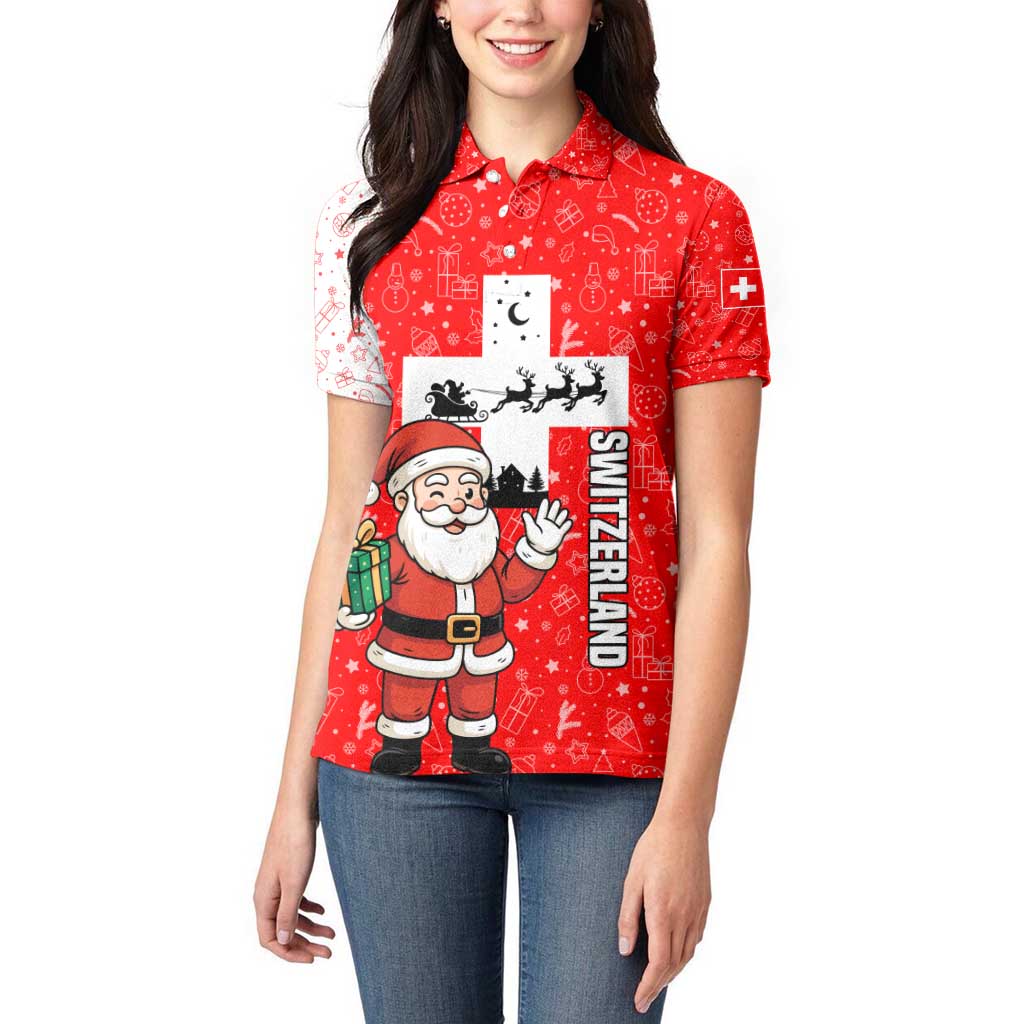 Switzerland Christmas Women Polo Shirt with Santa Sleigh Silhouette and Red Holiday Icon - Wonder Print Shop