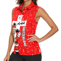 Switzerland Christmas Women Sleeveless Polo Shirt with Santa Sleigh Silhouette and Red Holiday Icon - Wonder Print Shop
