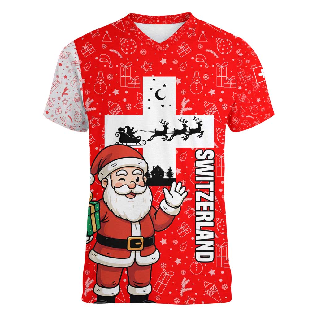 Switzerland Christmas Women V-Neck T-Shirt with Santa Sleigh Silhouette and Red Holiday Icon - Wonder Print Shop