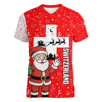 Switzerland Christmas Women V-Neck T-Shirt with Santa Sleigh Silhouette and Red Holiday Icon - Wonder Print Shop