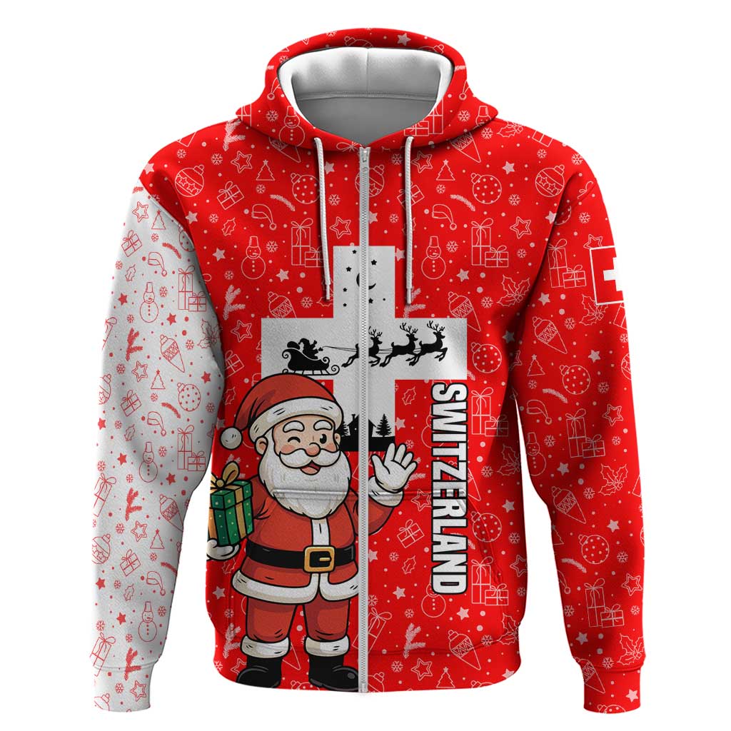 Switzerland Christmas Zip Hoodie with Santa Sleigh Silhouette and Red Holiday Icon - Wonder Print Shop