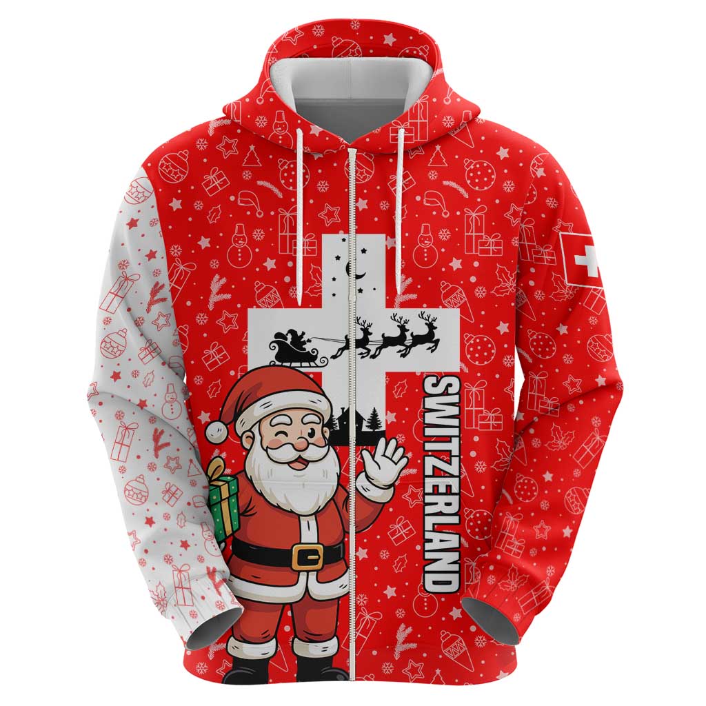 Switzerland Christmas Zip Hoodie with Santa Sleigh Silhouette and Red Holiday Icon - Wonder Print Shop