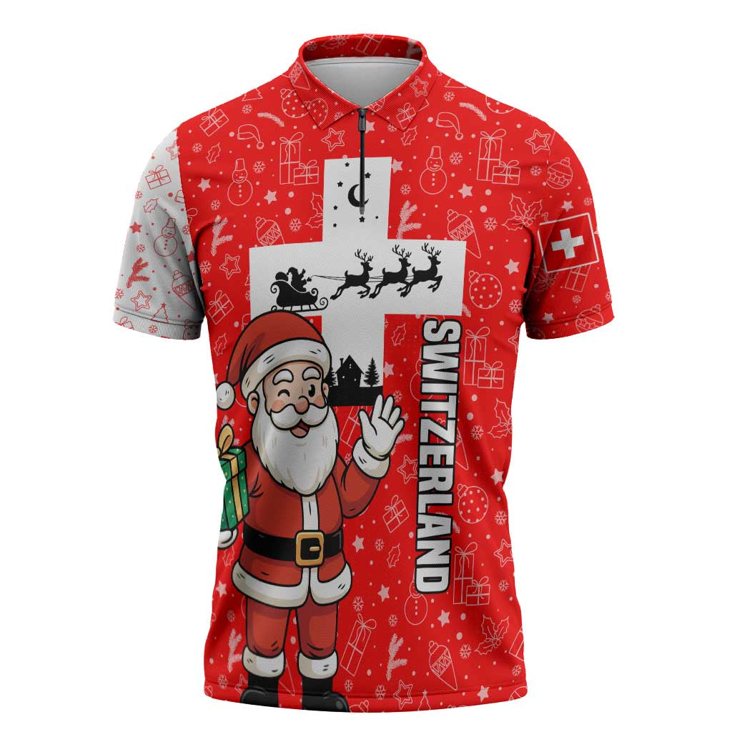 Switzerland Christmas Zipper Polo Shirt with Santa Sleigh Silhouette and Red Holiday Icon - Wonder Print Shop
