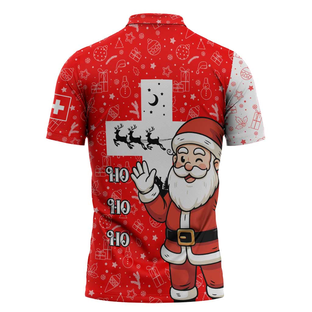 Switzerland Christmas Zipper Polo Shirt with Santa Sleigh Silhouette and Red Holiday Icon - Wonder Print Shop