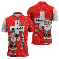 Switzerland Christmas Zipper Polo Shirt with Santa Sleigh Silhouette and Red Holiday Icon - Wonder Print Shop