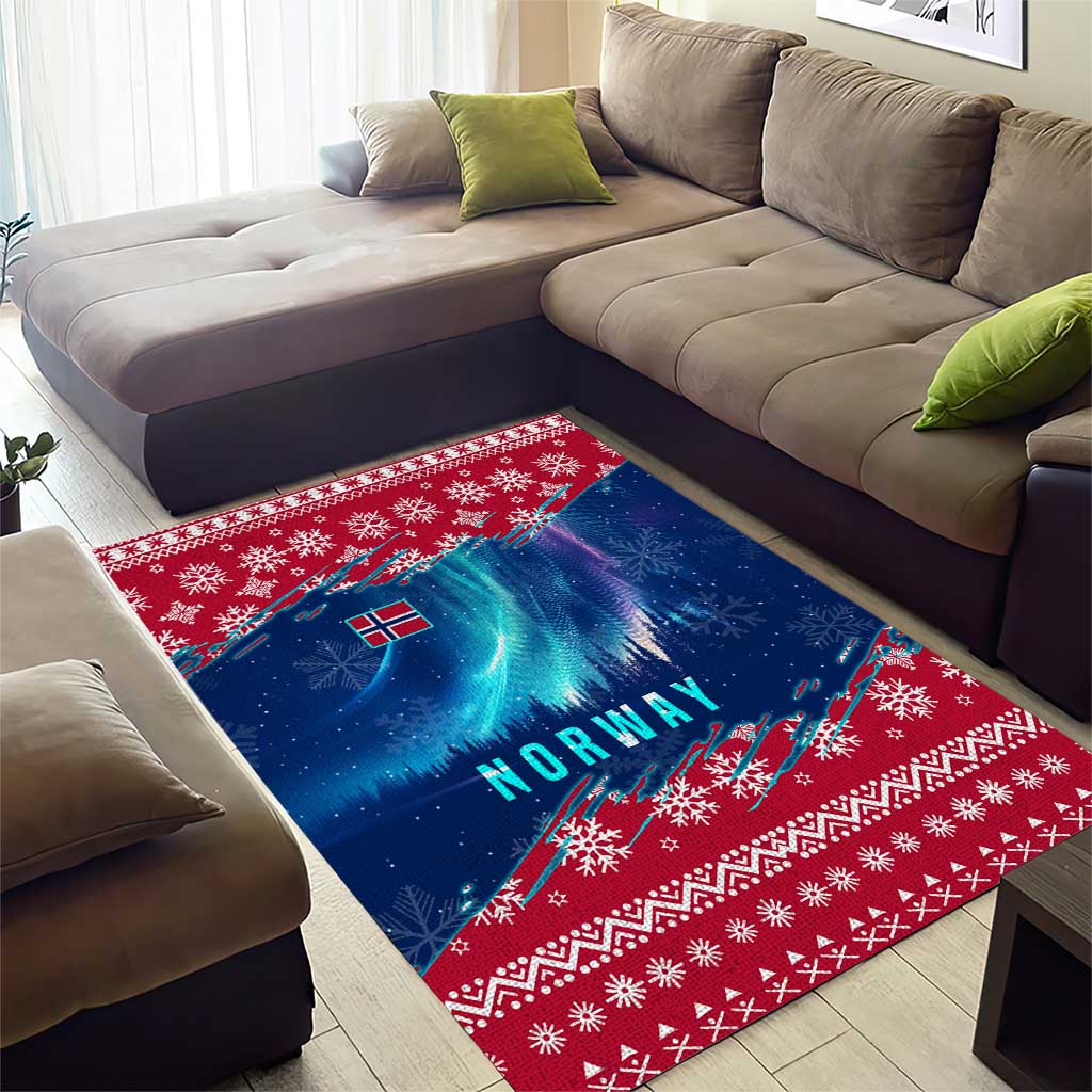 Norway Christmas Area Rug with Northern Lights Snowflake Pattern and Nordic Forest - Wonder Print Shop