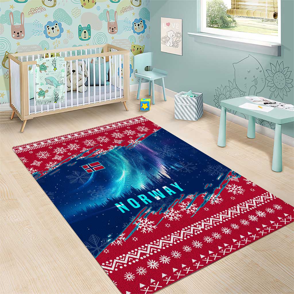 Norway Christmas Area Rug with Northern Lights Snowflake Pattern and Nordic Forest - Wonder Print Shop