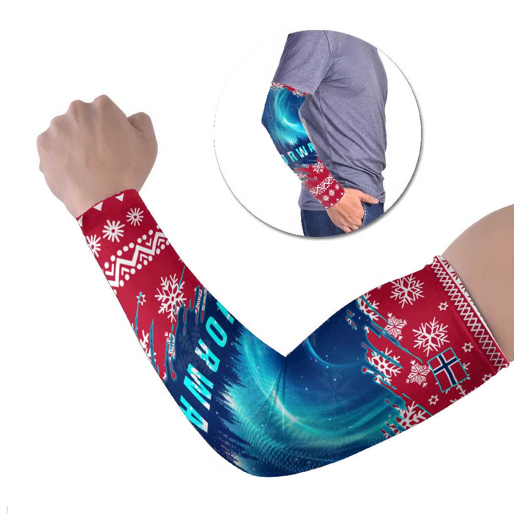 Norway Christmas Arm Sleeves with Northern Lights Snowflake Pattern and Nordic Forest - Wonder Print Shop