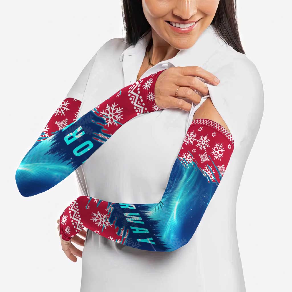 Norway Christmas Arm Sleeves with Northern Lights Snowflake Pattern and Nordic Forest - Wonder Print Shop