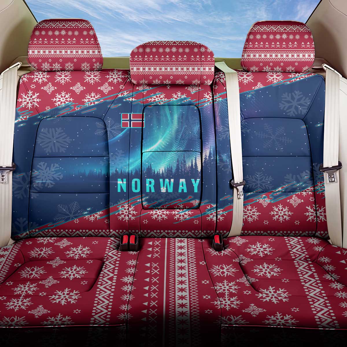 Norway Christmas Back Car Seat Cover with Northern Lights Snowflake Pattern and Nordic Forest - Wonder Print Shop