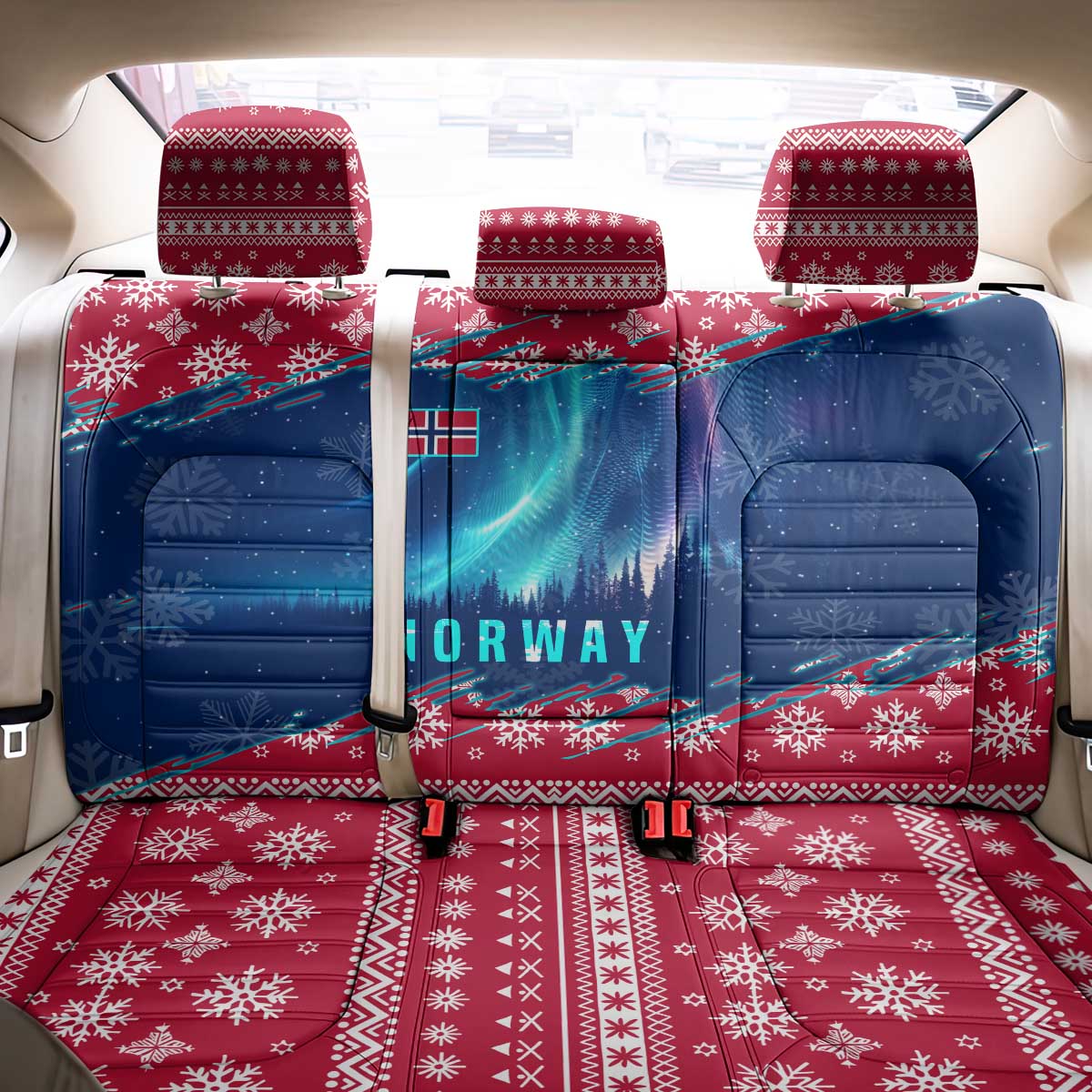 Norway Christmas Back Car Seat Cover with Northern Lights Snowflake Pattern and Nordic Forest - Wonder Print Shop