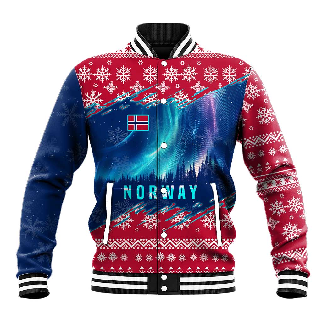 Norway Christmas Baseball Jacket with Northern Lights Snowflake Pattern and Nordic Forest - Wonder Print Shop