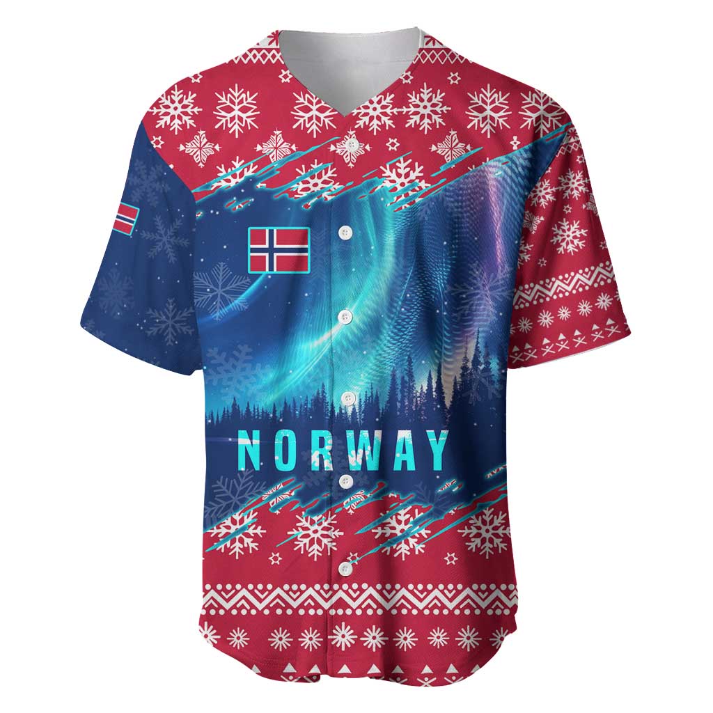 Norway Christmas Baseball Jersey with Northern Lights Snowflake Pattern and Nordic Forest - Wonder Print Shop