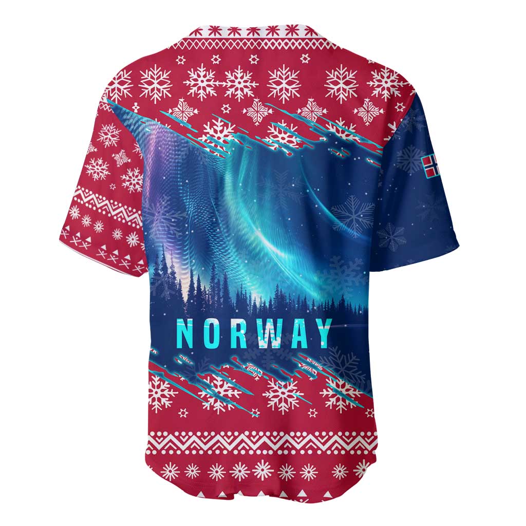 Norway Christmas Baseball Jersey with Northern Lights Snowflake Pattern and Nordic Forest - Wonder Print Shop