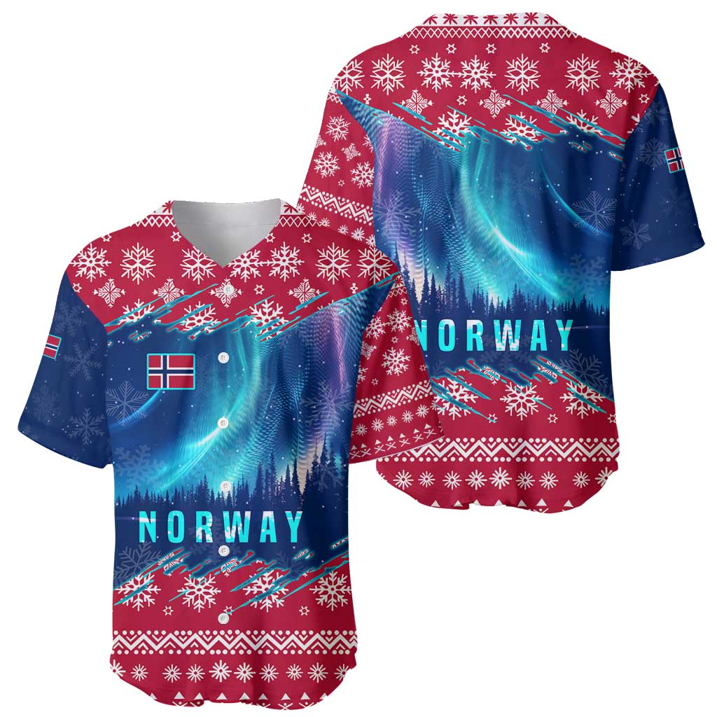 Norway Christmas Baseball Jersey with Northern Lights Snowflake Pattern and Nordic Forest - Wonder Print Shop
