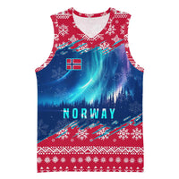 Norway Christmas Basketball Jersey with Northern Lights Snowflake Pattern and Nordic Forest - Wonder Print Shop