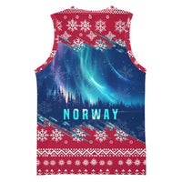 Norway Christmas Basketball Jersey with Northern Lights Snowflake Pattern and Nordic Forest - Wonder Print Shop