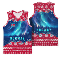 Norway Christmas Basketball Jersey with Northern Lights Snowflake Pattern and Nordic Forest - Wonder Print Shop