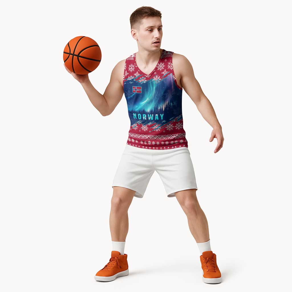Norway Christmas Basketball Jersey with Northern Lights Snowflake Pattern and Nordic Forest - Wonder Print Shop