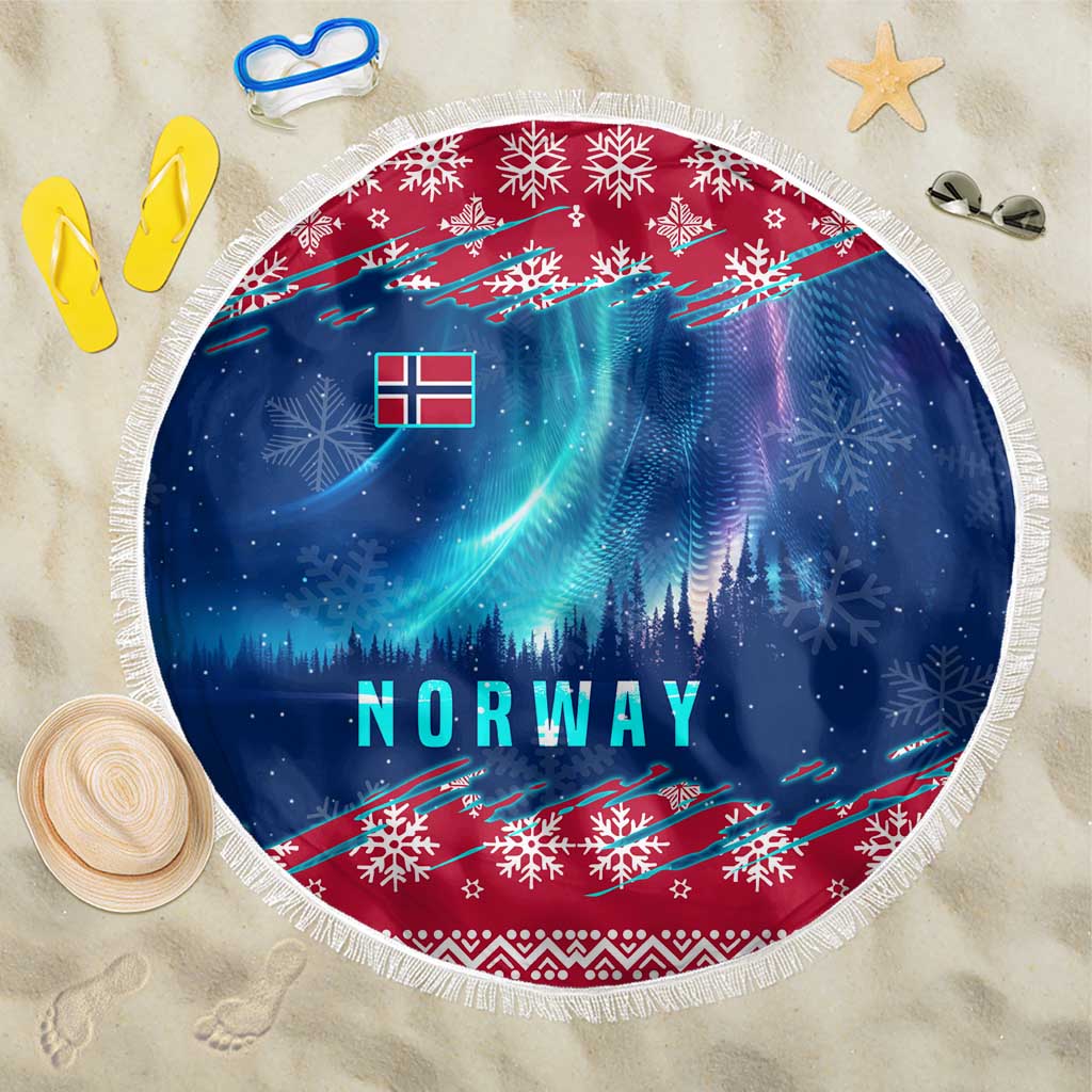 Norway Christmas Beach Blanket with Northern Lights Snowflake Pattern and Nordic Forest - Wonder Print Shop