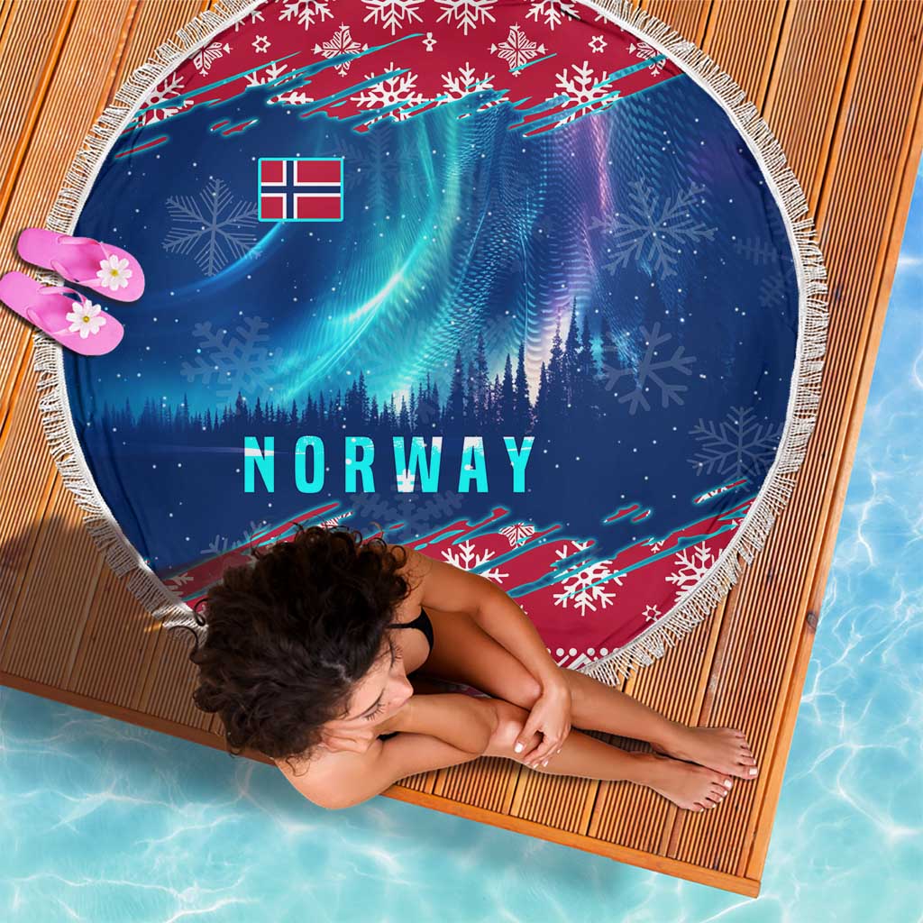 Norway Christmas Beach Blanket with Northern Lights Snowflake Pattern and Nordic Forest - Wonder Print Shop