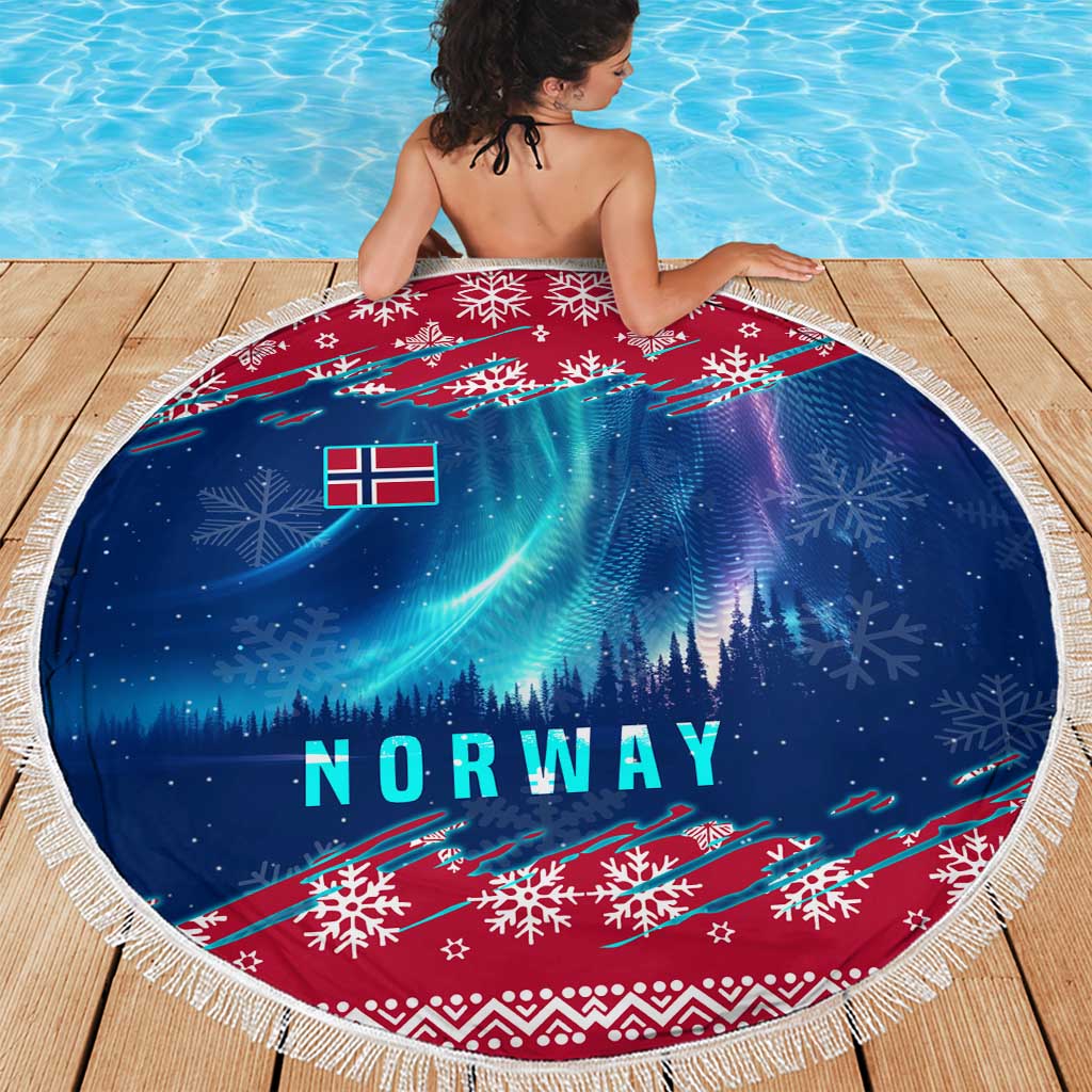 Norway Christmas Beach Blanket with Northern Lights Snowflake Pattern and Nordic Forest - Wonder Print Shop
