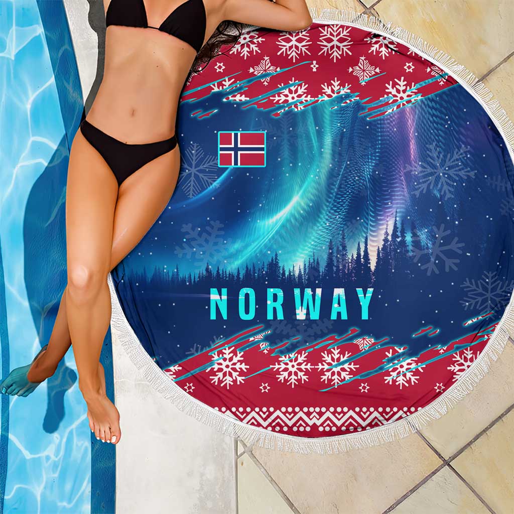 Norway Christmas Beach Blanket with Northern Lights Snowflake Pattern and Nordic Forest - Wonder Print Shop