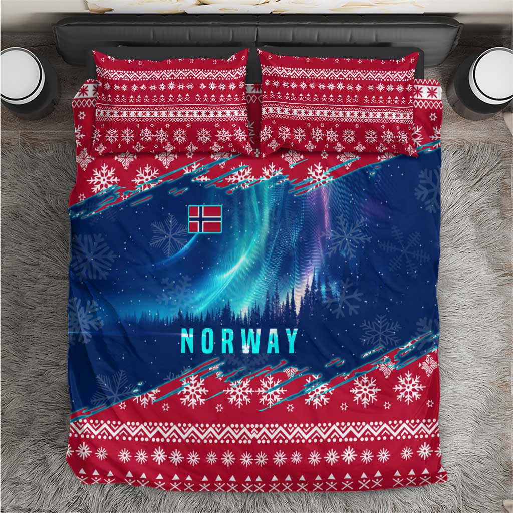 Norway Christmas Bedding Set with Northern Lights Snowflake Pattern and Nordic Forest - Wonder Print Shop