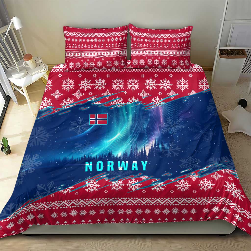 Norway Christmas Bedding Set with Northern Lights Snowflake Pattern and Nordic Forest - Wonder Print Shop