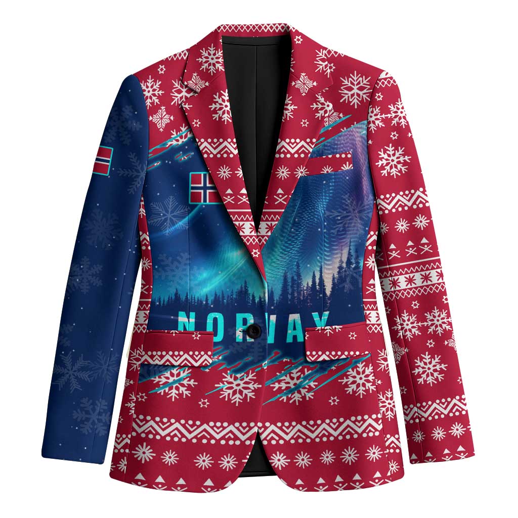 Norway Christmas Blazer with Northern Lights Snowflake Pattern and Nordic Forest - Wonder Print Shop