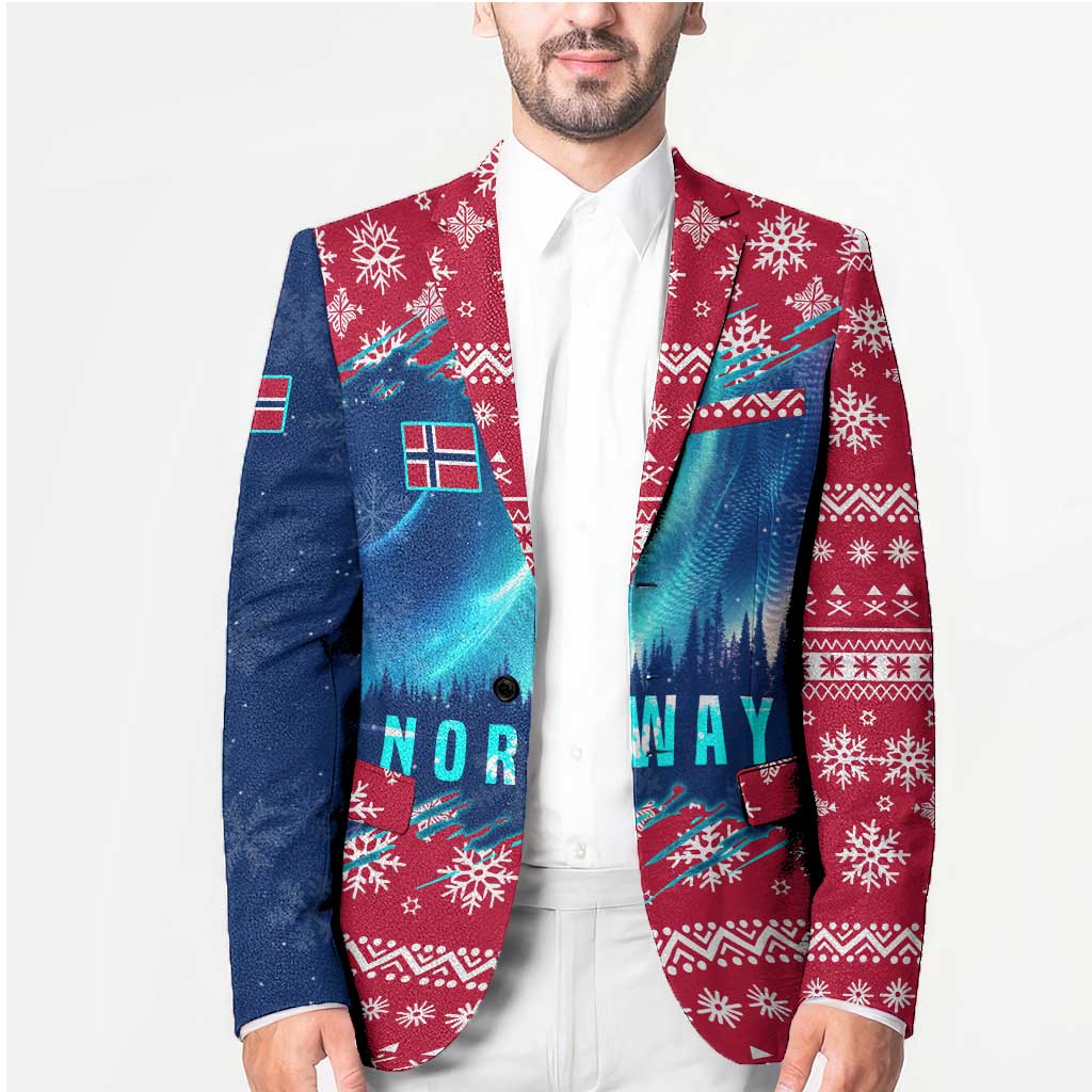 Norway Christmas Blazer with Northern Lights Snowflake Pattern and Nordic Forest - Wonder Print Shop