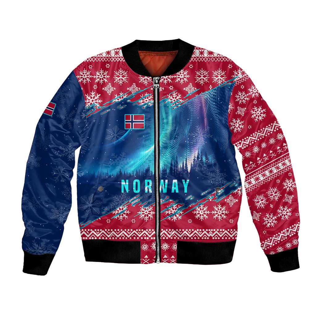 Norway Christmas Bomber Jacket with Northern Lights Snowflake Pattern and Nordic Forest - Wonder Print Shop