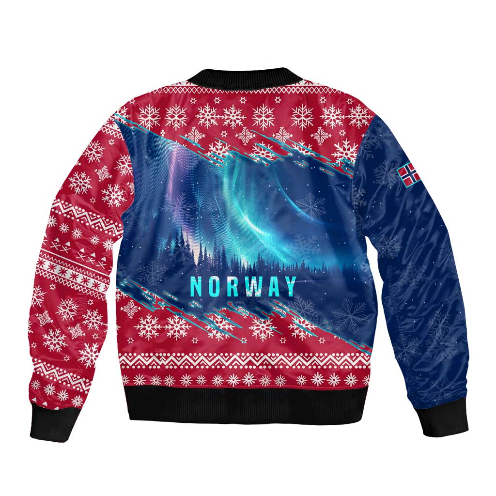 Norway Christmas Bomber Jacket with Northern Lights Snowflake Pattern and Nordic Forest - Wonder Print Shop
